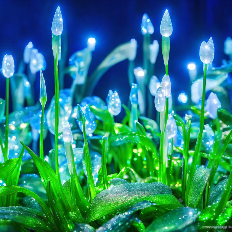 Glowing blue water droplets on grass blades create magical nighttime garden ambiance