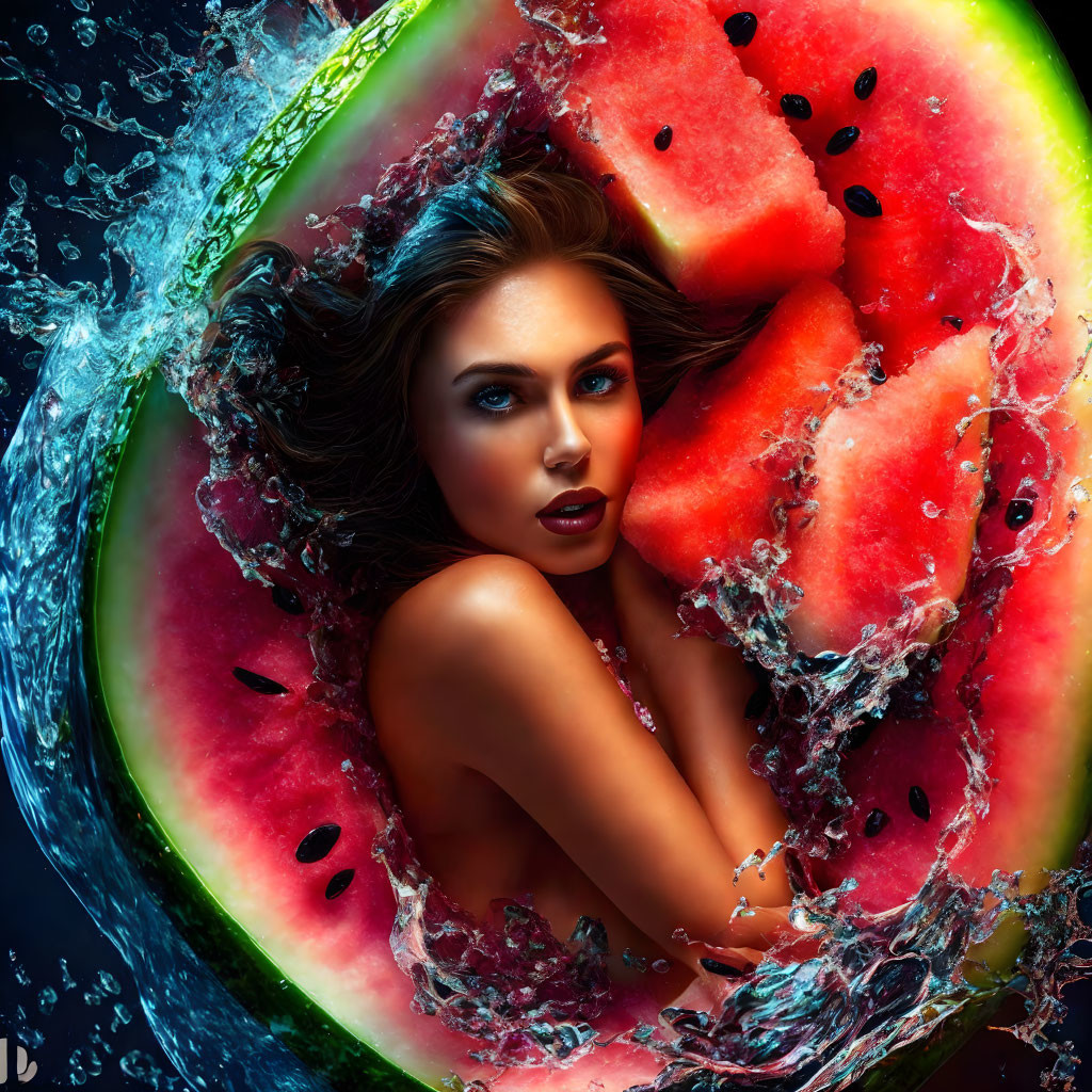 Woman artistically merged into watermelon with splashing water