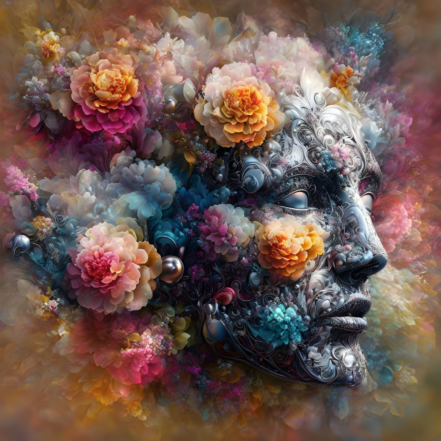 Detailed human-like face with silver filigree and colorful flowers.