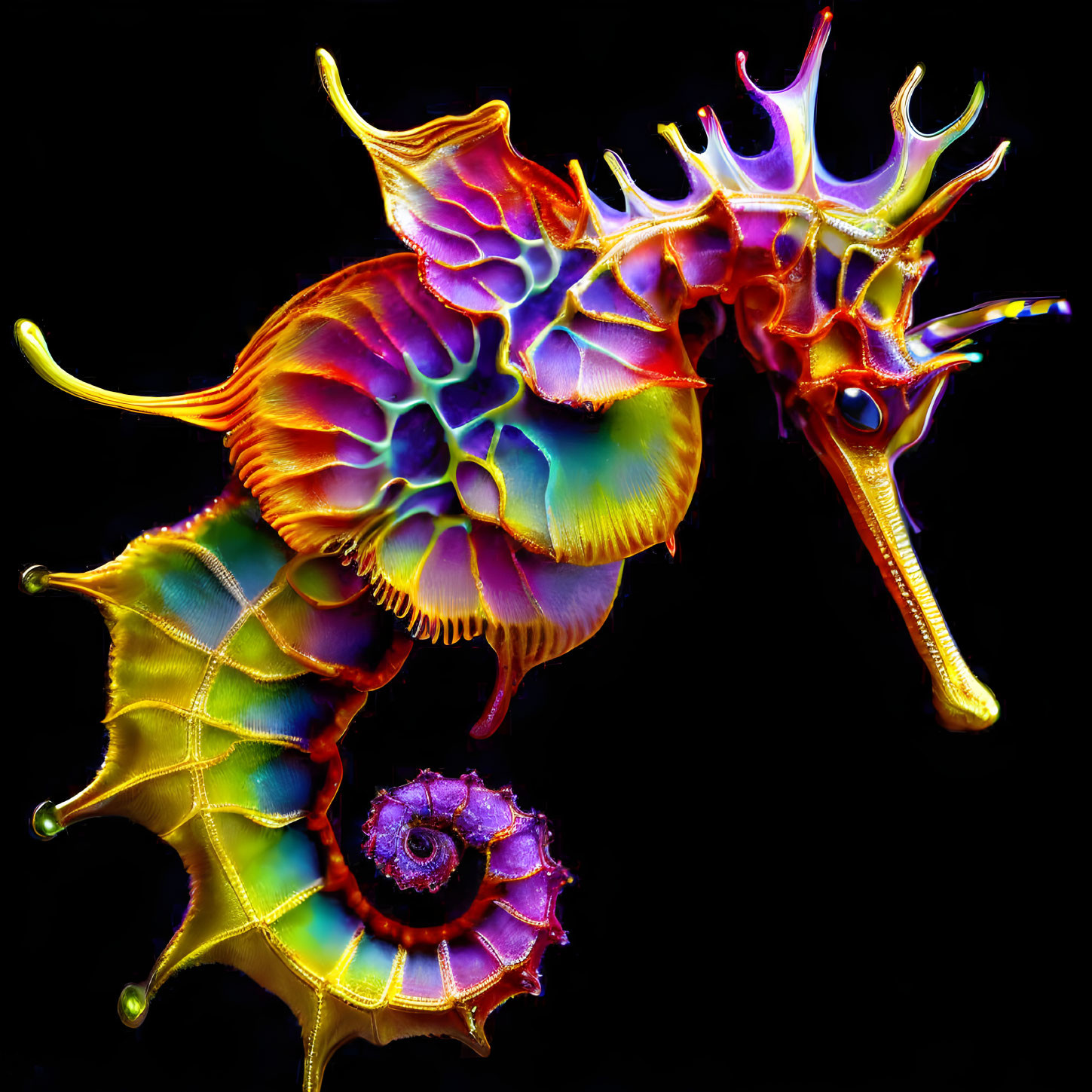 Colorful Seahorse with Intricate Fins on Black Background