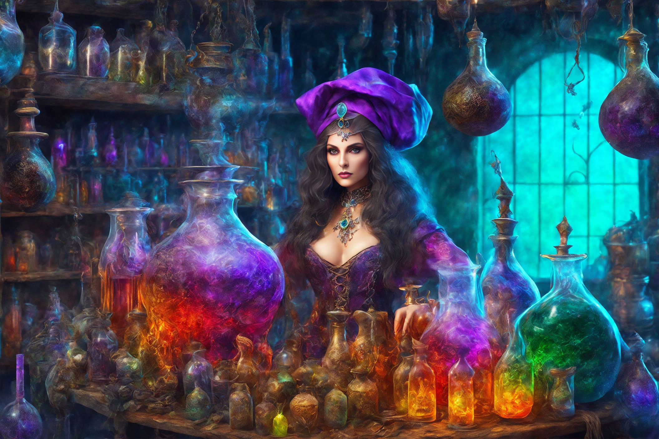 Mystical woman in purple turban with colorful potion bottles