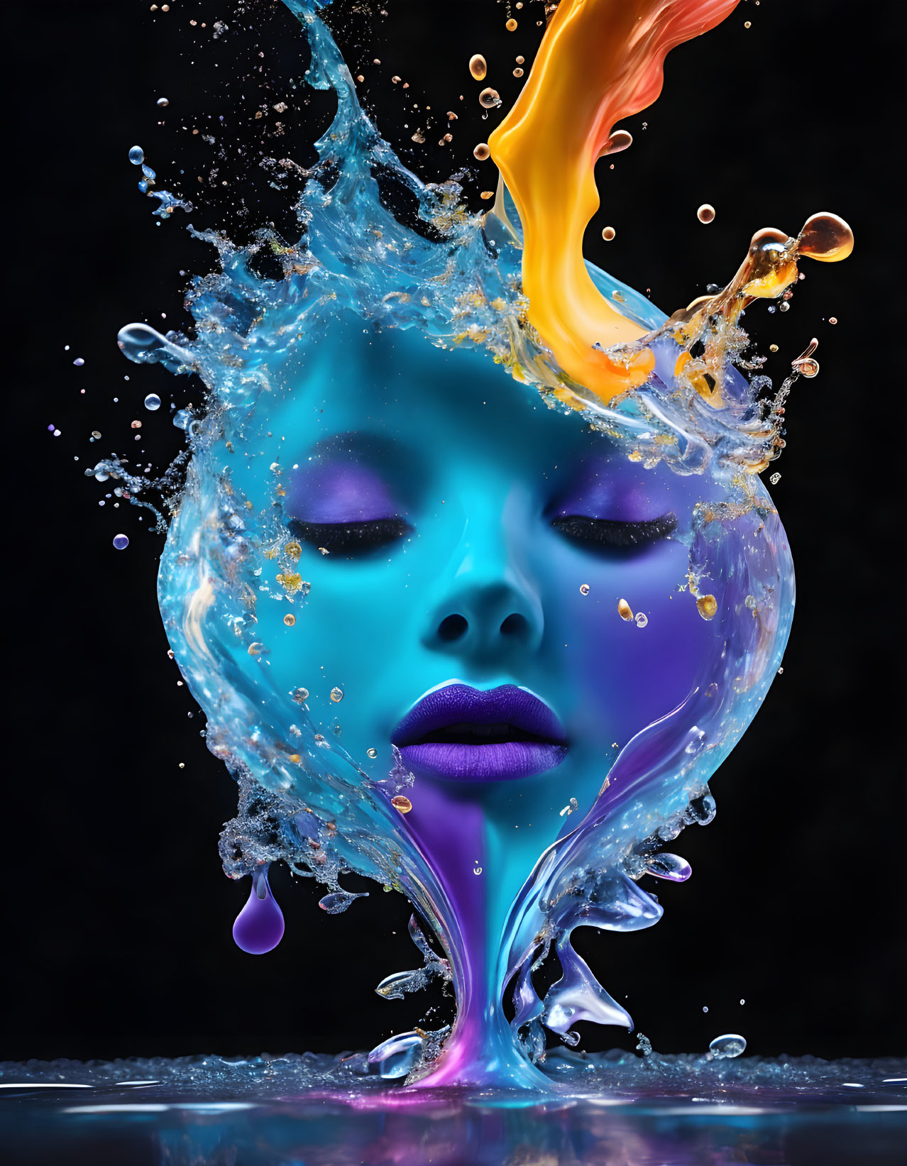 Colorful 3D Female Face Artwork: Blue Skin, Purple Lips, Water Splashes,