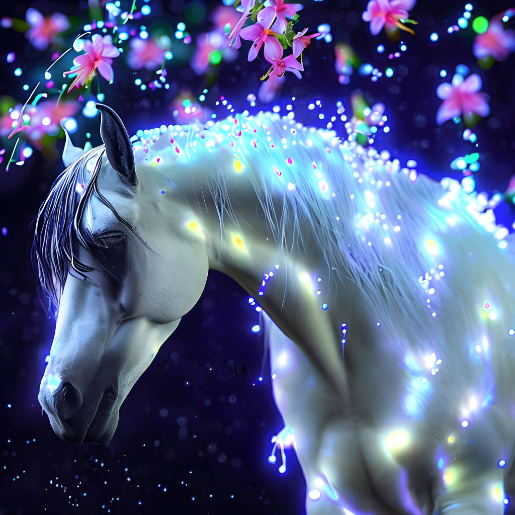 Luminous white horse with glowing lights and pink flowers on dark blue background