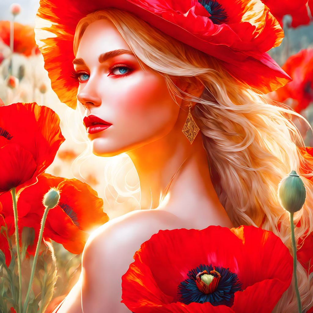 Blonde Woman with Blue Eyes in Red Poppy Hat and Vibrant Poppies