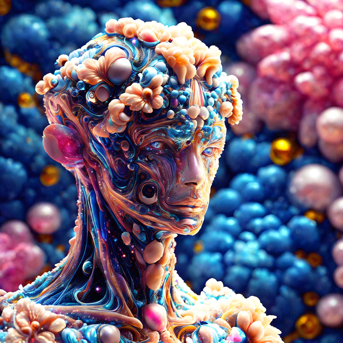 Vibrant digital art: humanoid figure with intricate floral design on bokeh backdrop