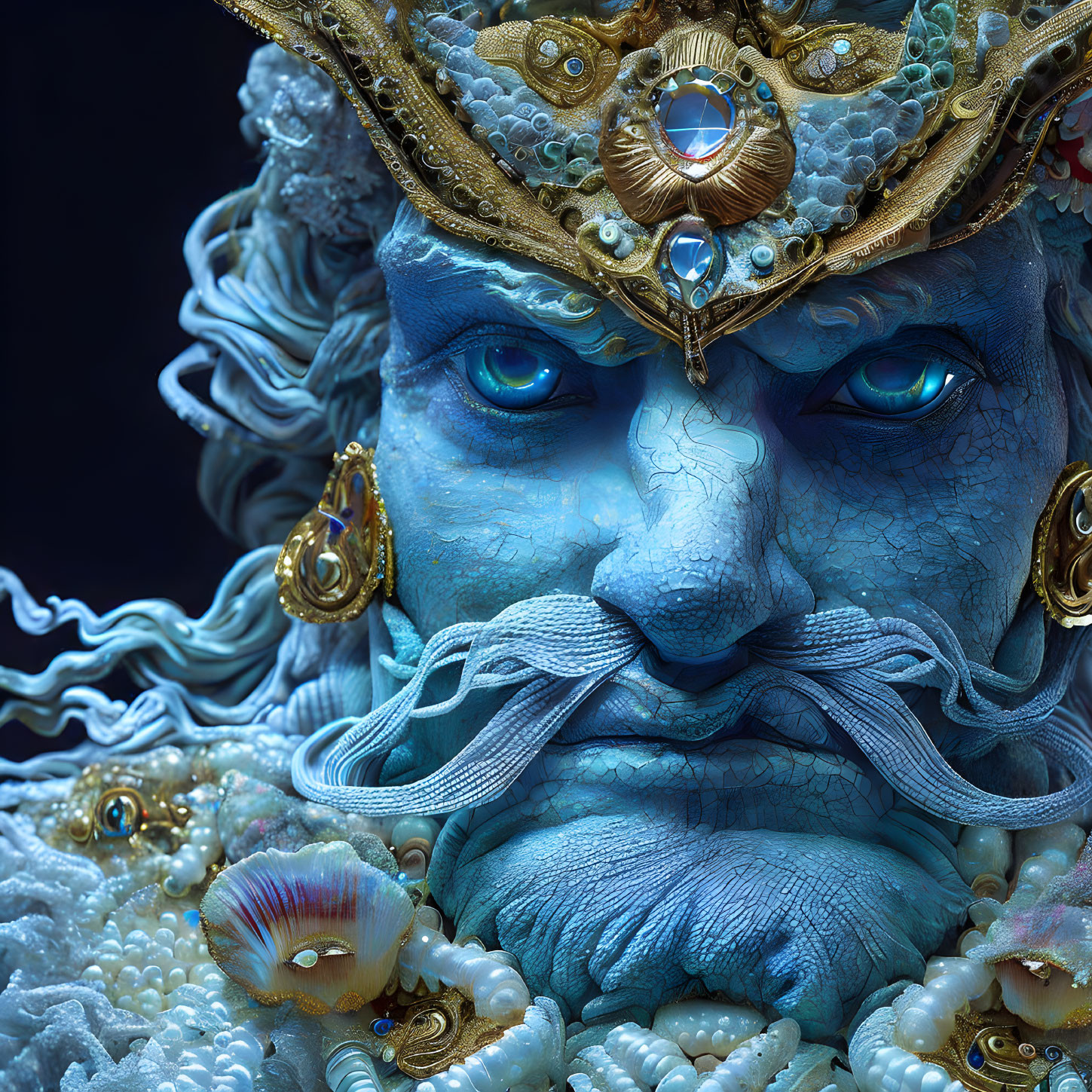 Blue-skinned character with regal crown and oceanic-themed beard.