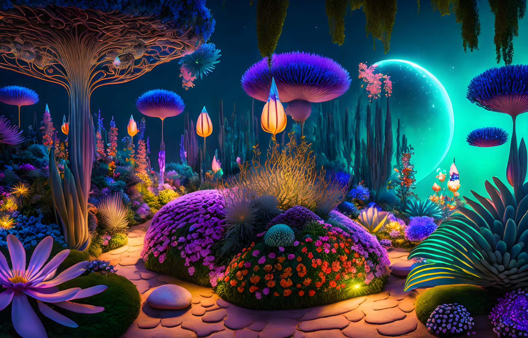 Fantasy Night Landscape with Luminescent Plants and Glowing Moon