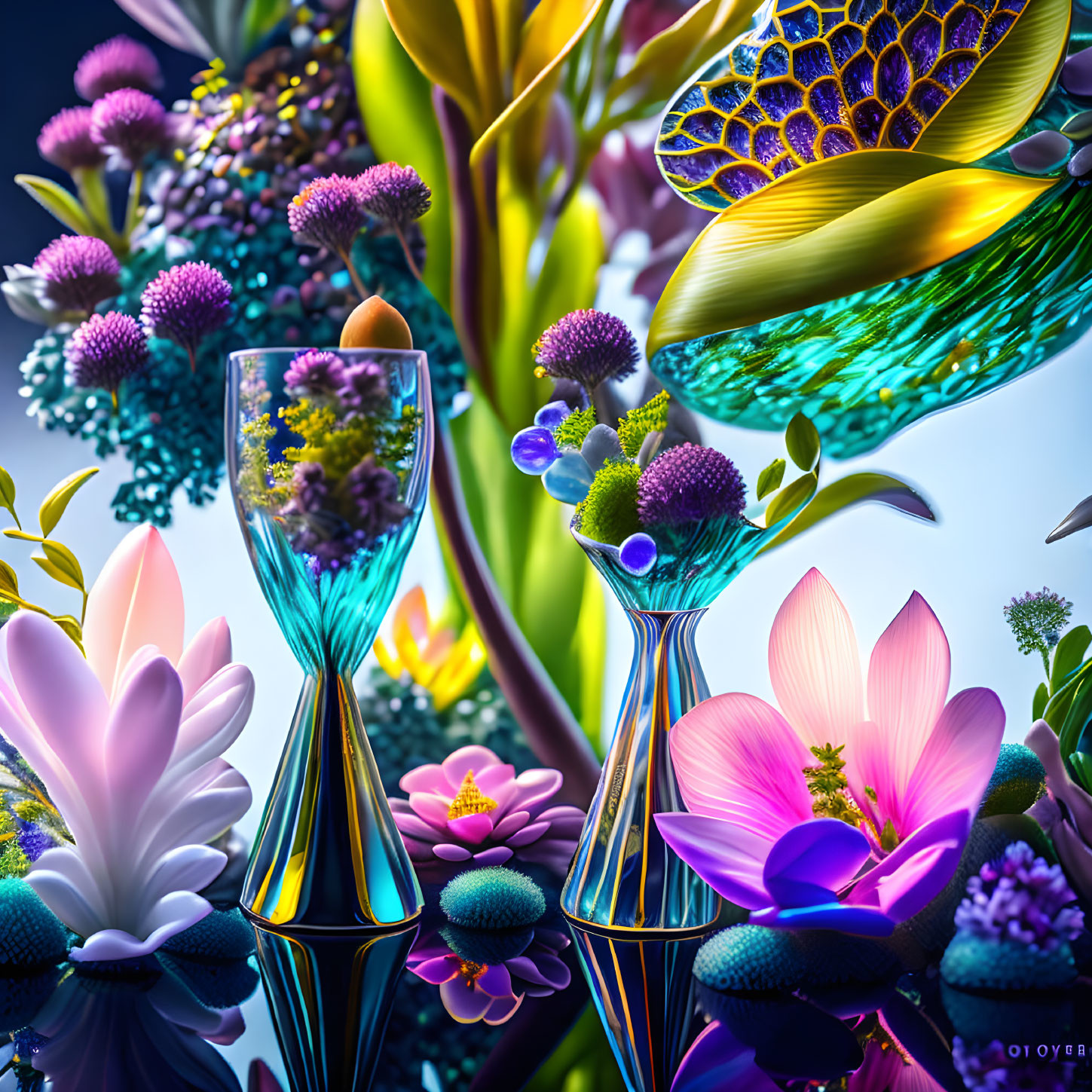 Colorful digital art: glass vessels, liquid, stylized flowers & foliage