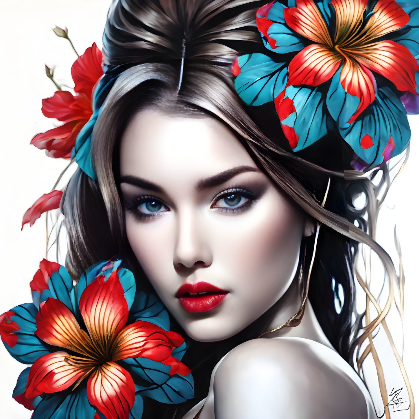 Vibrant digital artwork: Woman with blue eyes and red lips, adorned with blue and red flowers