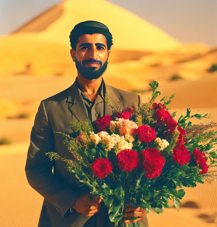 Man in Suit Holding Red Flowers Against Desert Pyramid