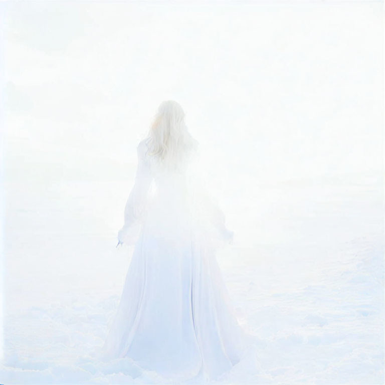 Ethereal figure in white dress in misty snowscape