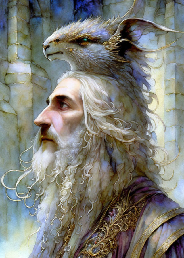 Illustration of elderly man with human-lion fusion features against stone pillar.