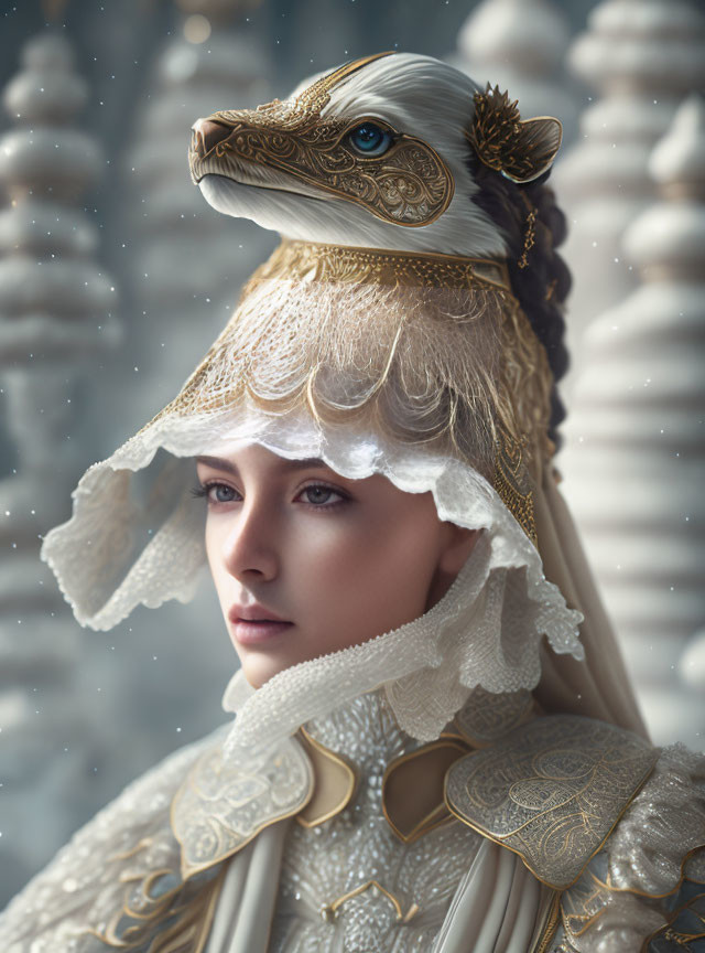 Regal woman in gold-embellished outfit against snowy backdrop