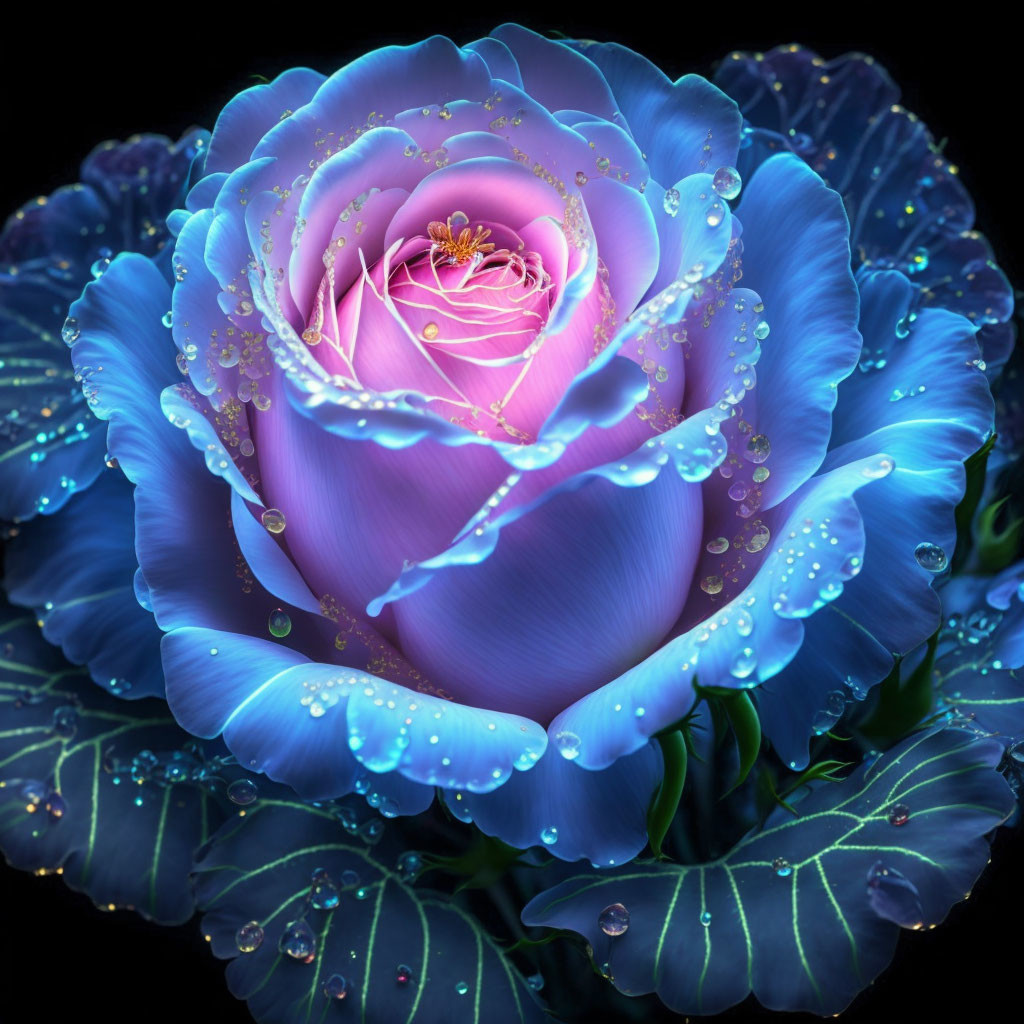 Digitally enhanced blue rose with dewdrops on dark background