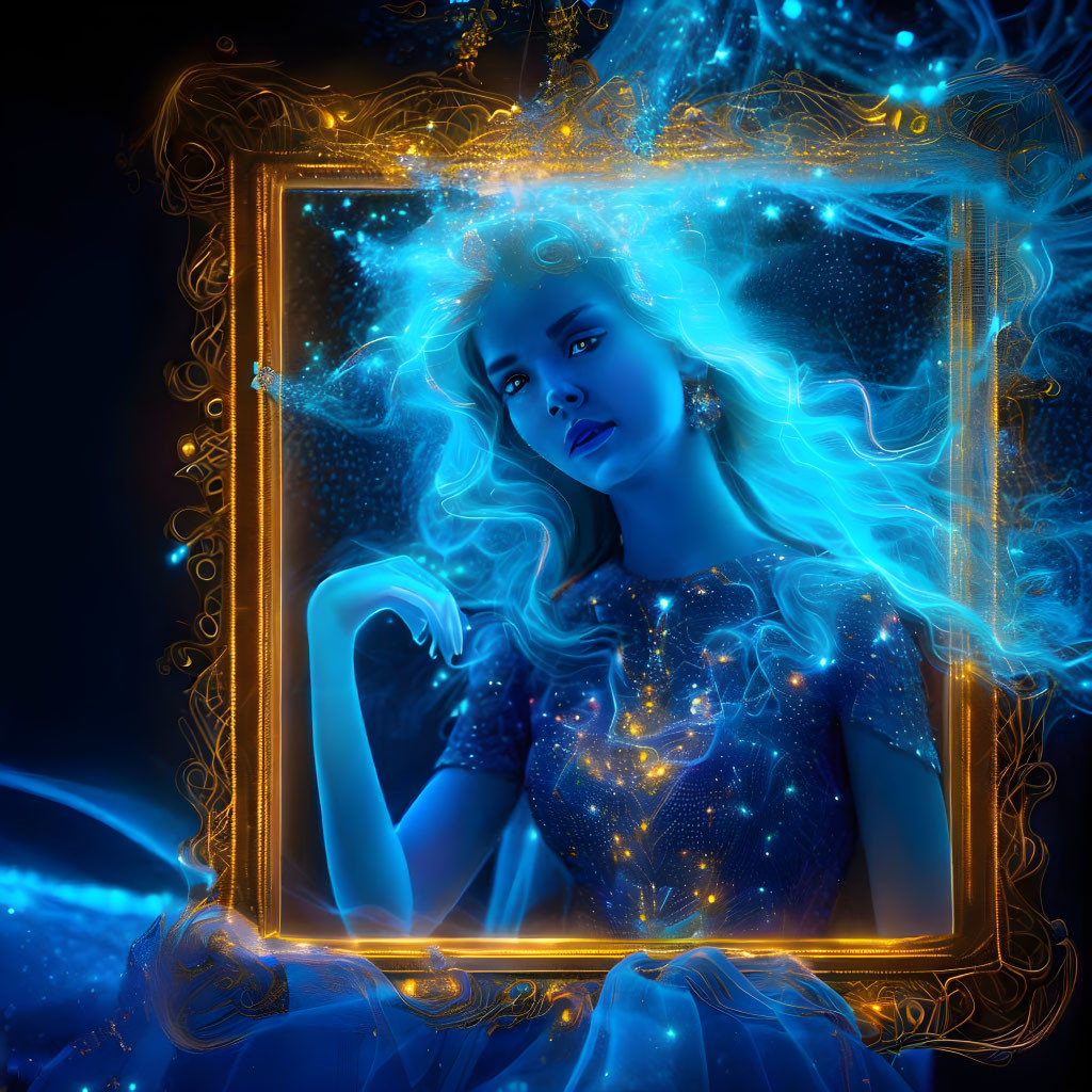 Fantastical image: Woman with glowing blue hair and dress in ornate golden frames