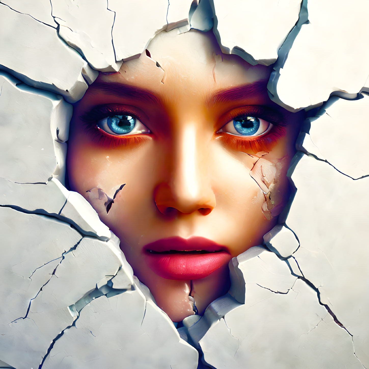 Digital artwork: Face with blue eyes emerging through cracked white surface