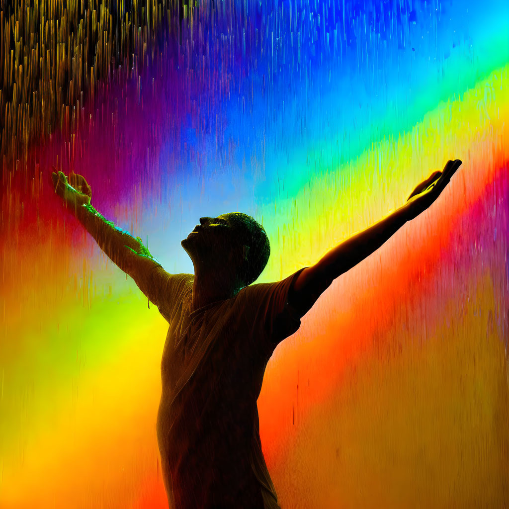 Colorful backdrop with rain-like effect and person expressing joy or freedom