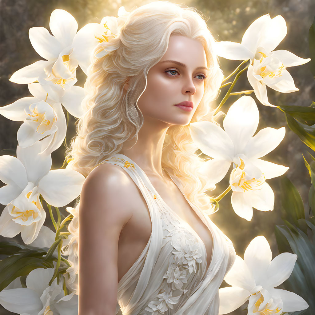 Pale-Haired Woman Surrounded by White Flowers in Serene Setting