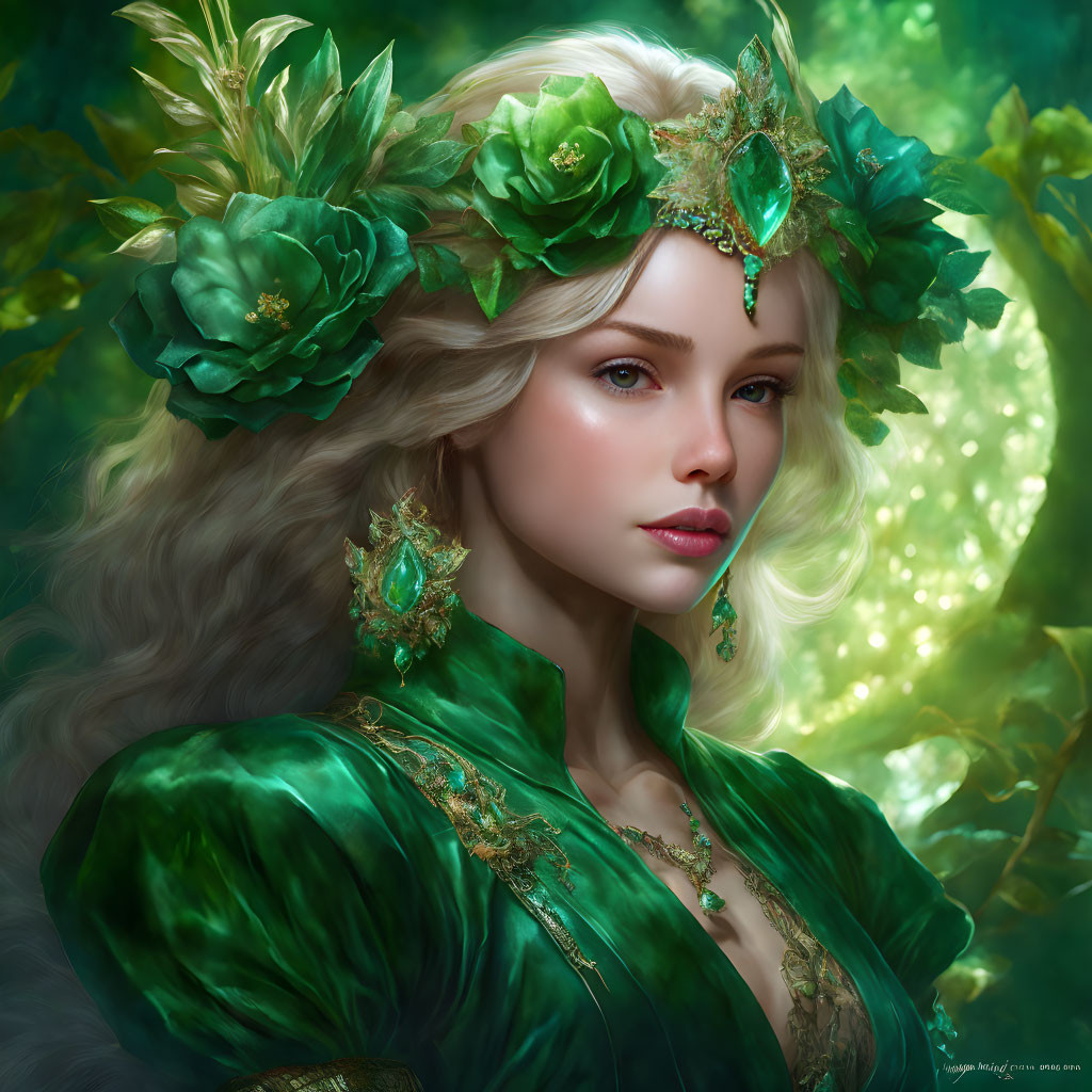 Blonde woman in green velvet dress with floral crown in forest