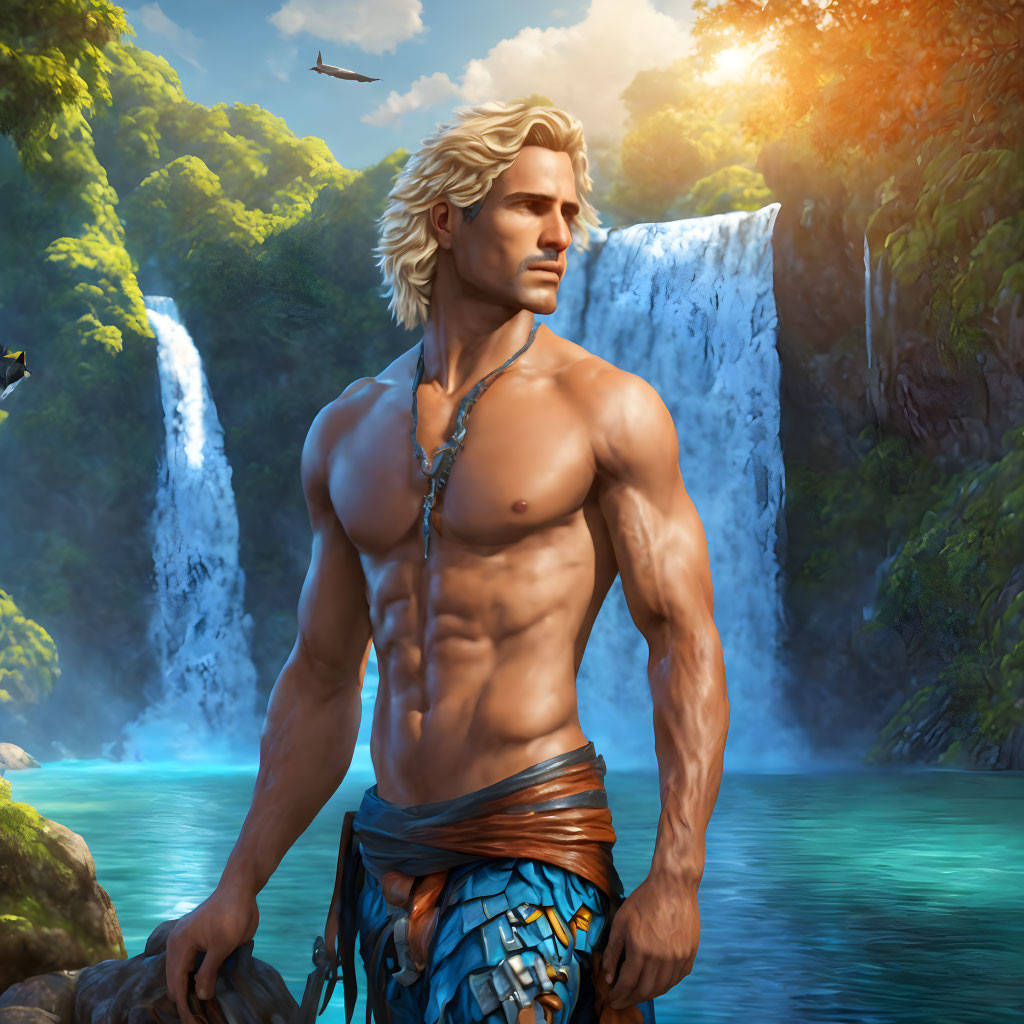 Blond muscular man in aqua loincloth by waterfall & forest.