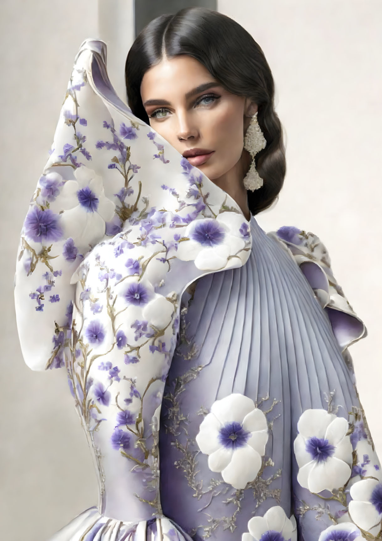 Dark-haired woman in floral dress with ruffled sleeves and intricate details