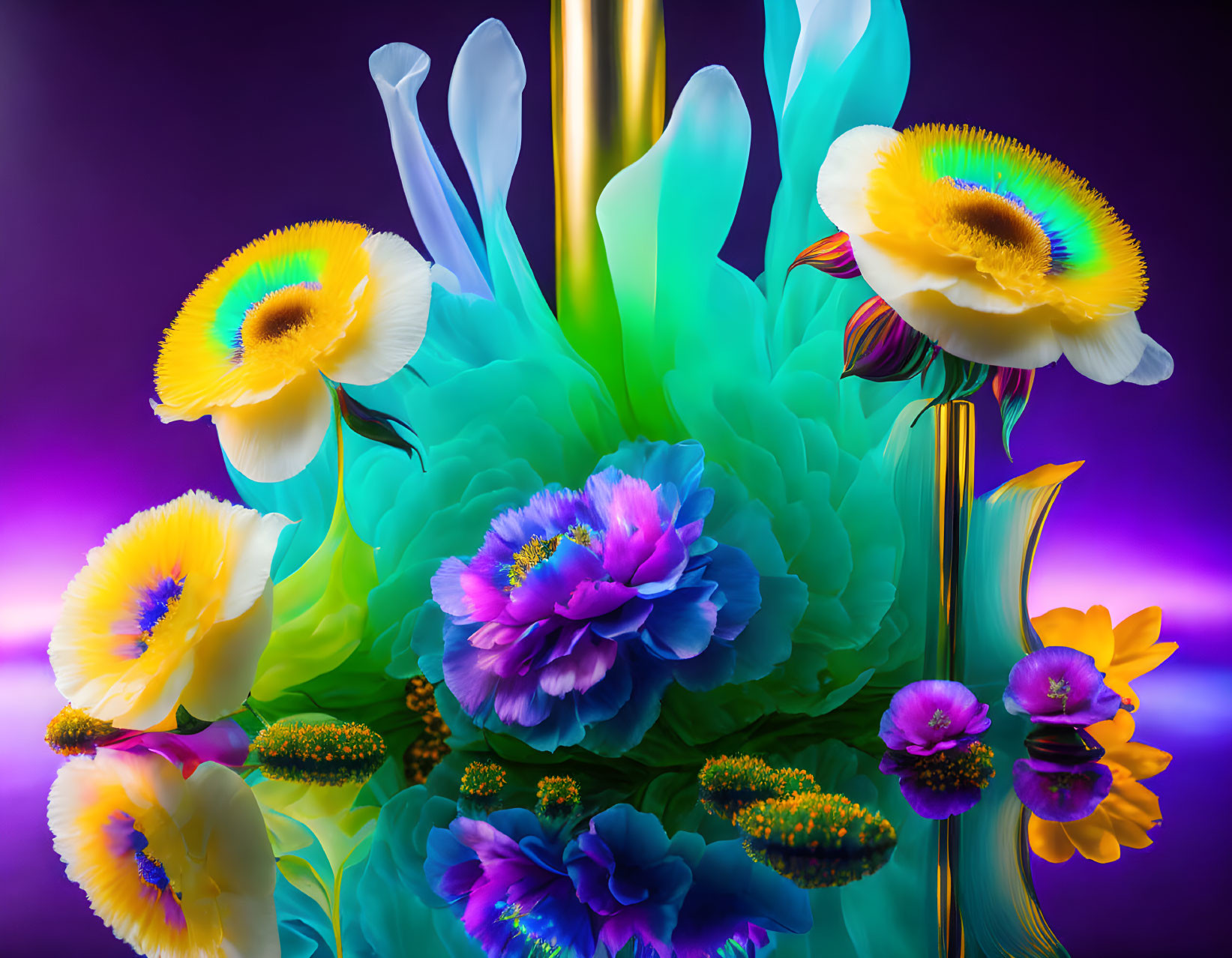 Colorful Floral Arrangement with Blue and Purple Blooms on Purple Background