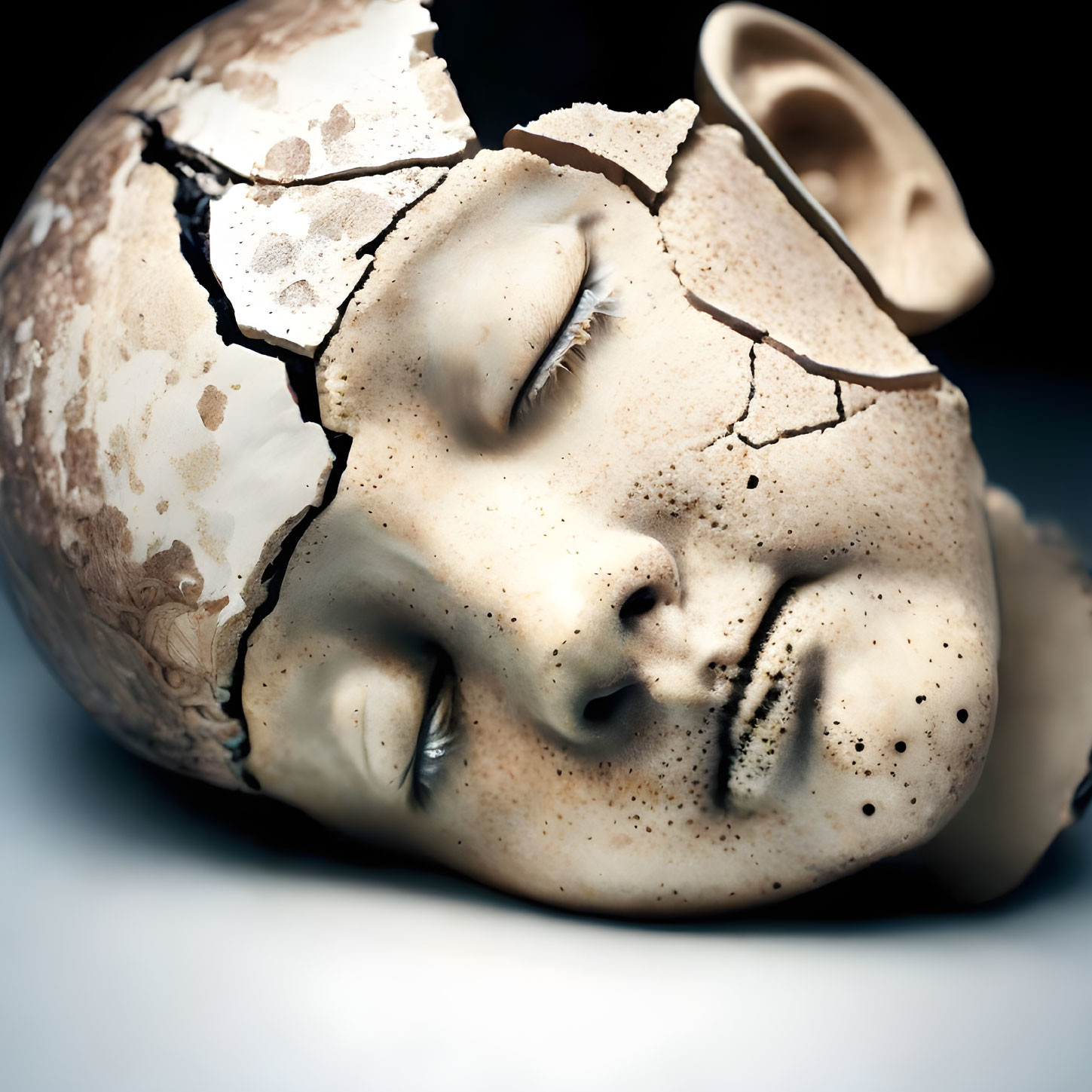 Realistic human face on cracked eggshell against dark background