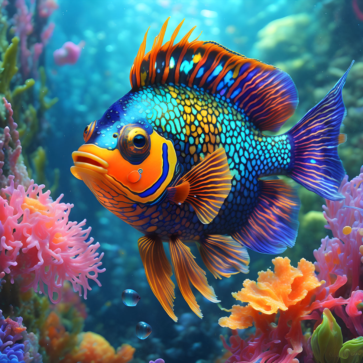 Colorful Fish Swimming Among Coral in Bright Underwater Scene