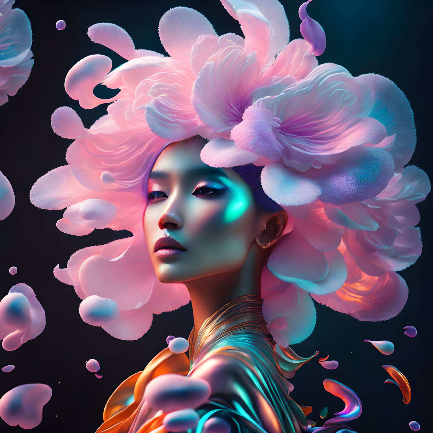 Surreal portrait of woman with pink floral hair and golden attire.