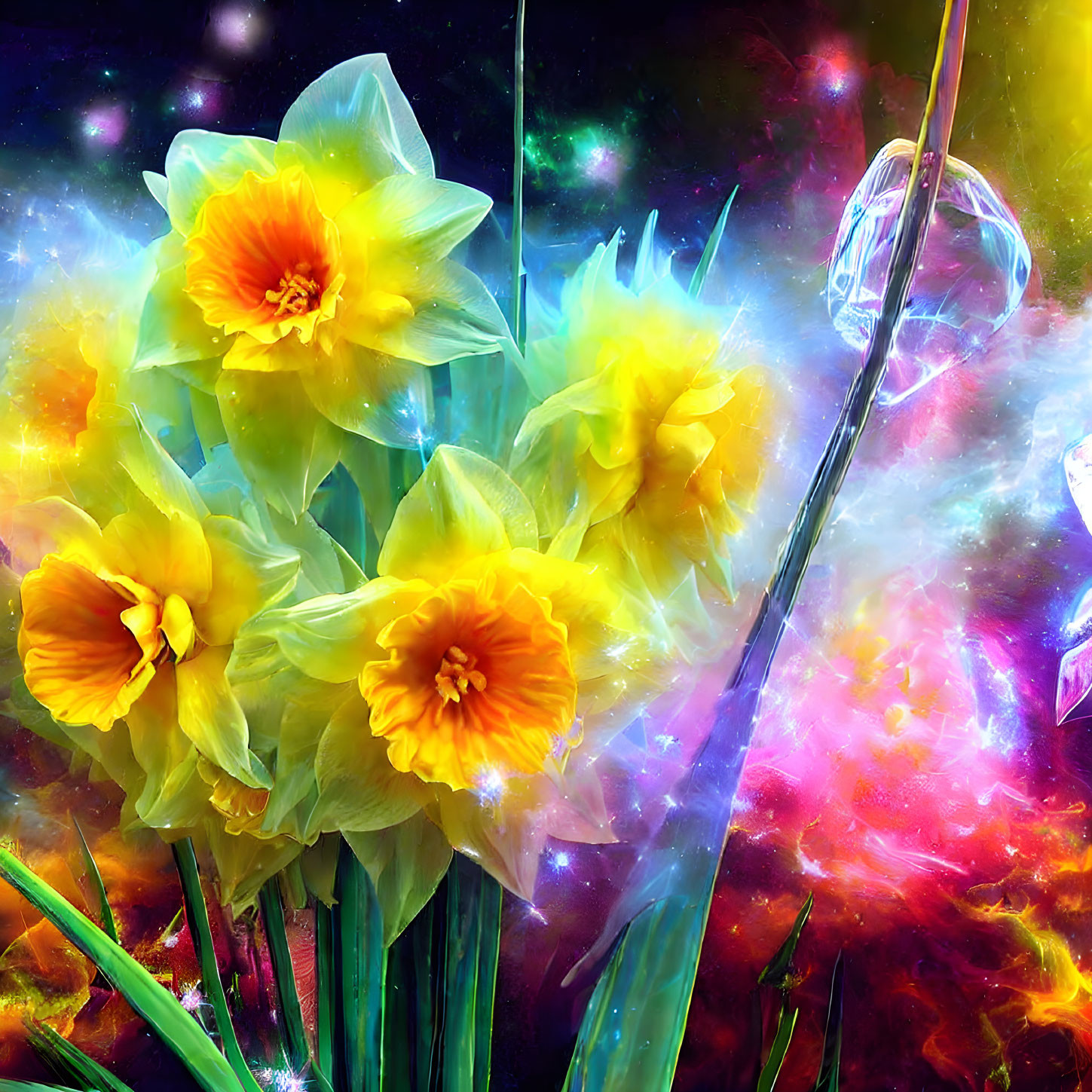 Yellow Daffodils on Cosmic Starry Background