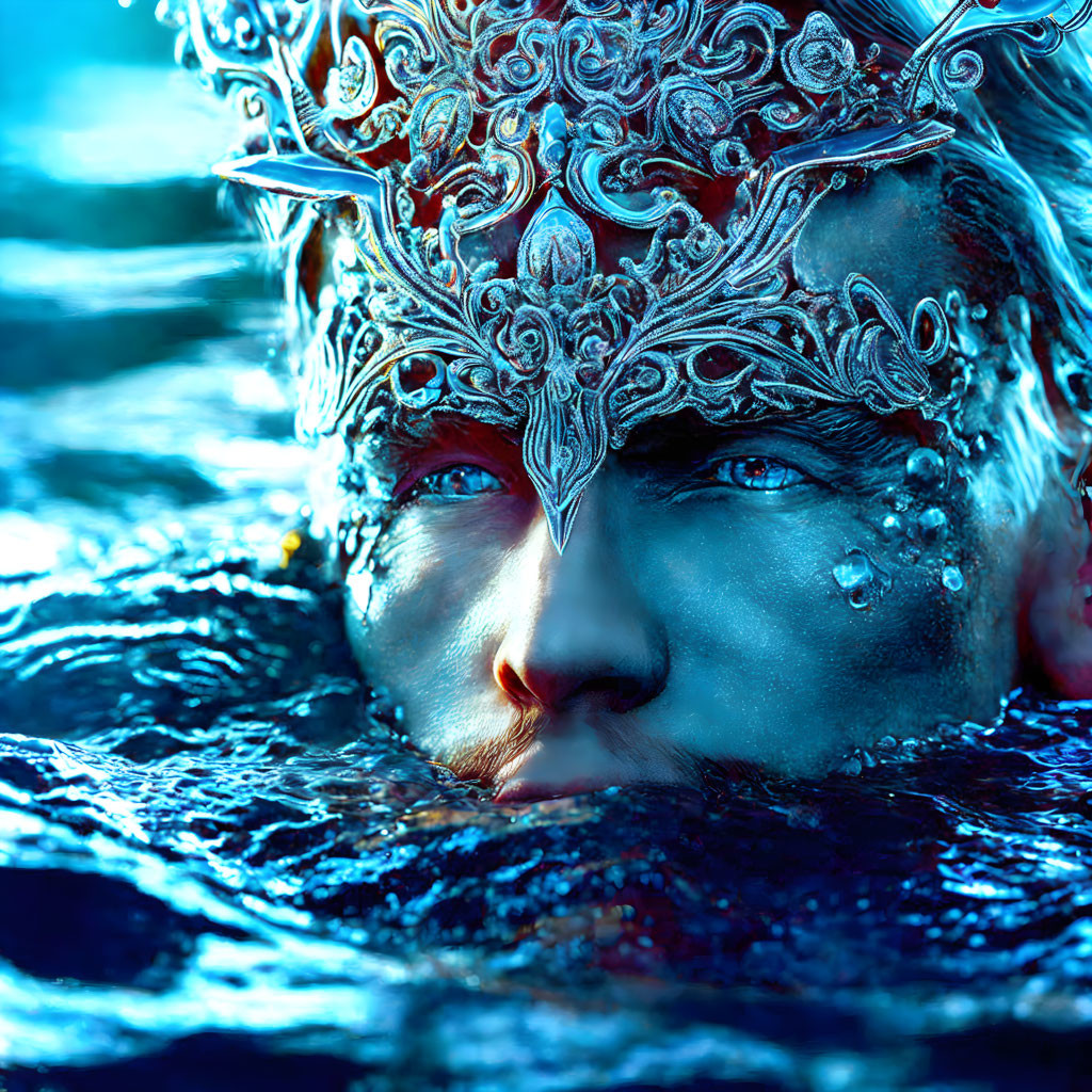 Person in Silver Headpiece Emerges from Water