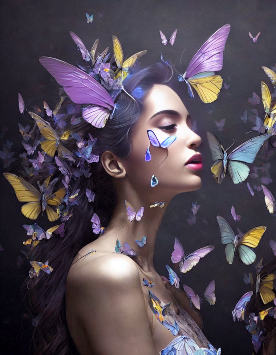 Woman with butterflies in hair and body on dark background