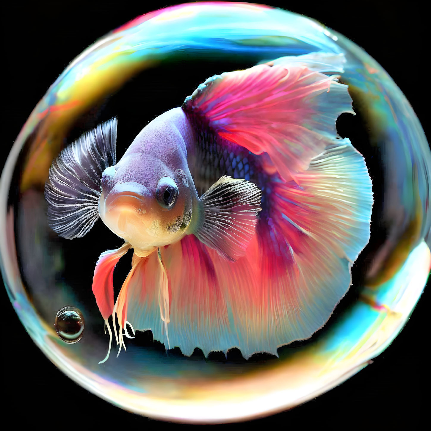 Colorful Betta Fish in Translucent Bubble Against Black Background