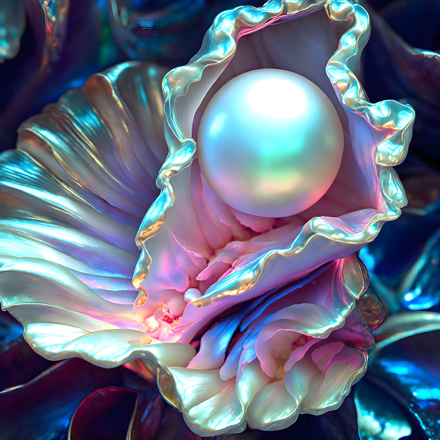 Iridescent oyster shell with luminous pearl