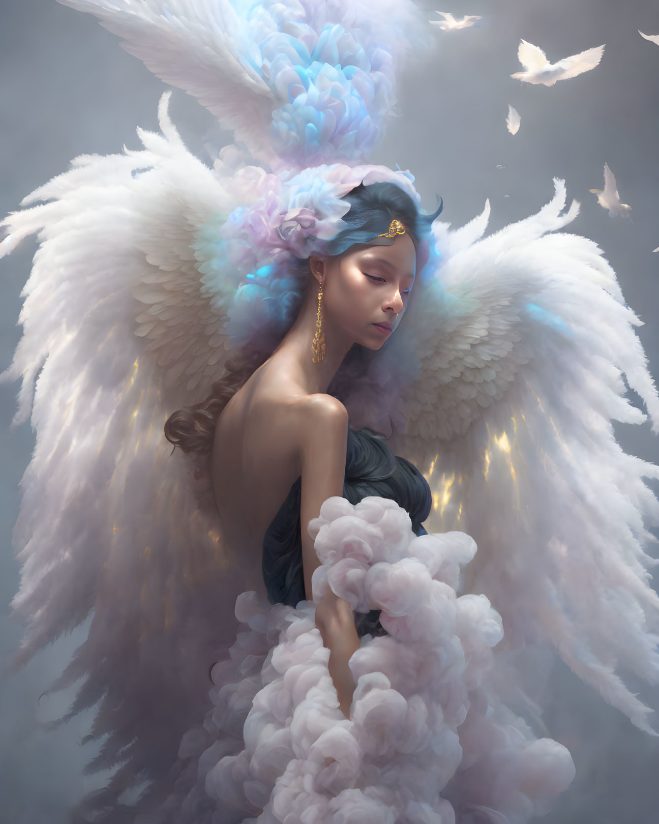 Ethereal figure with white wings in clouds and pastel blue hair