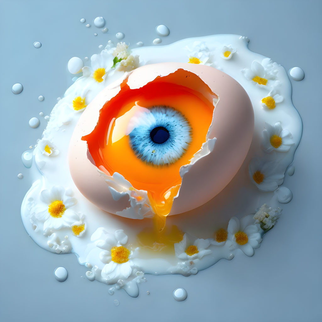 Artistic rendering of blue human eye in egg yolk on grey surface