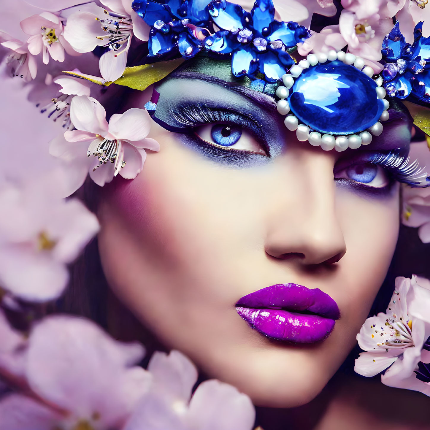 Close-up Portrait with Striking Makeup and Jewel-Encrusted Headpiece