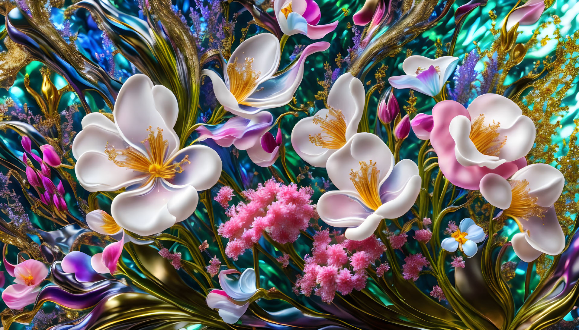 Enchanted Garden Digital Art with White and Pink Flowers