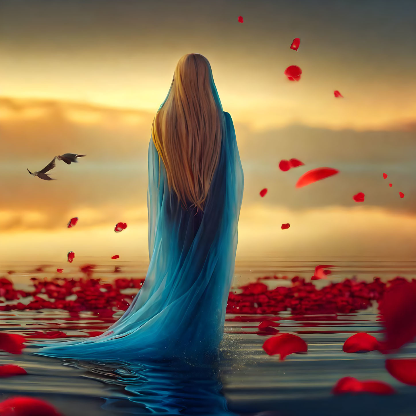 Mystical woman in blue robe standing in water with sunset and bird