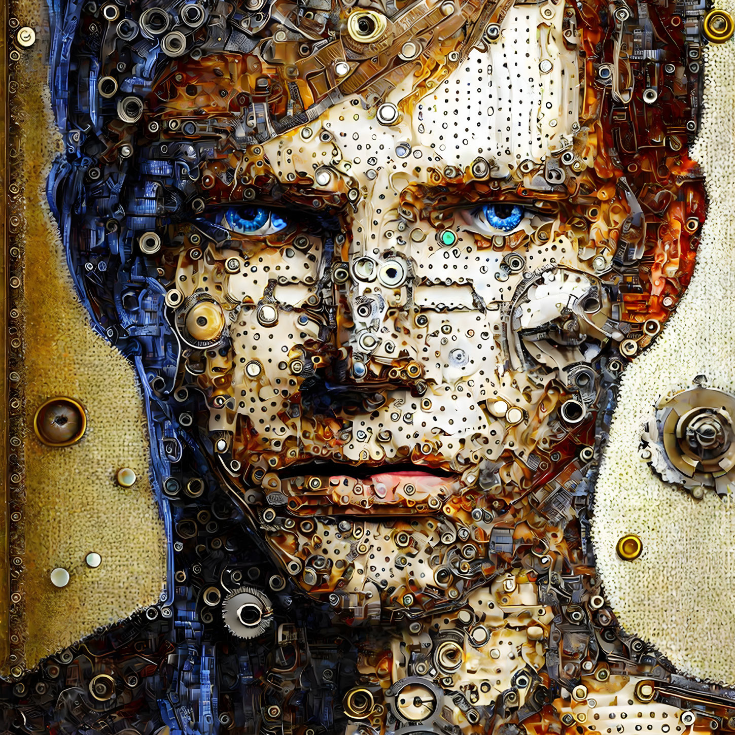 Steampunk-inspired face portrait with metallic gear mosaic