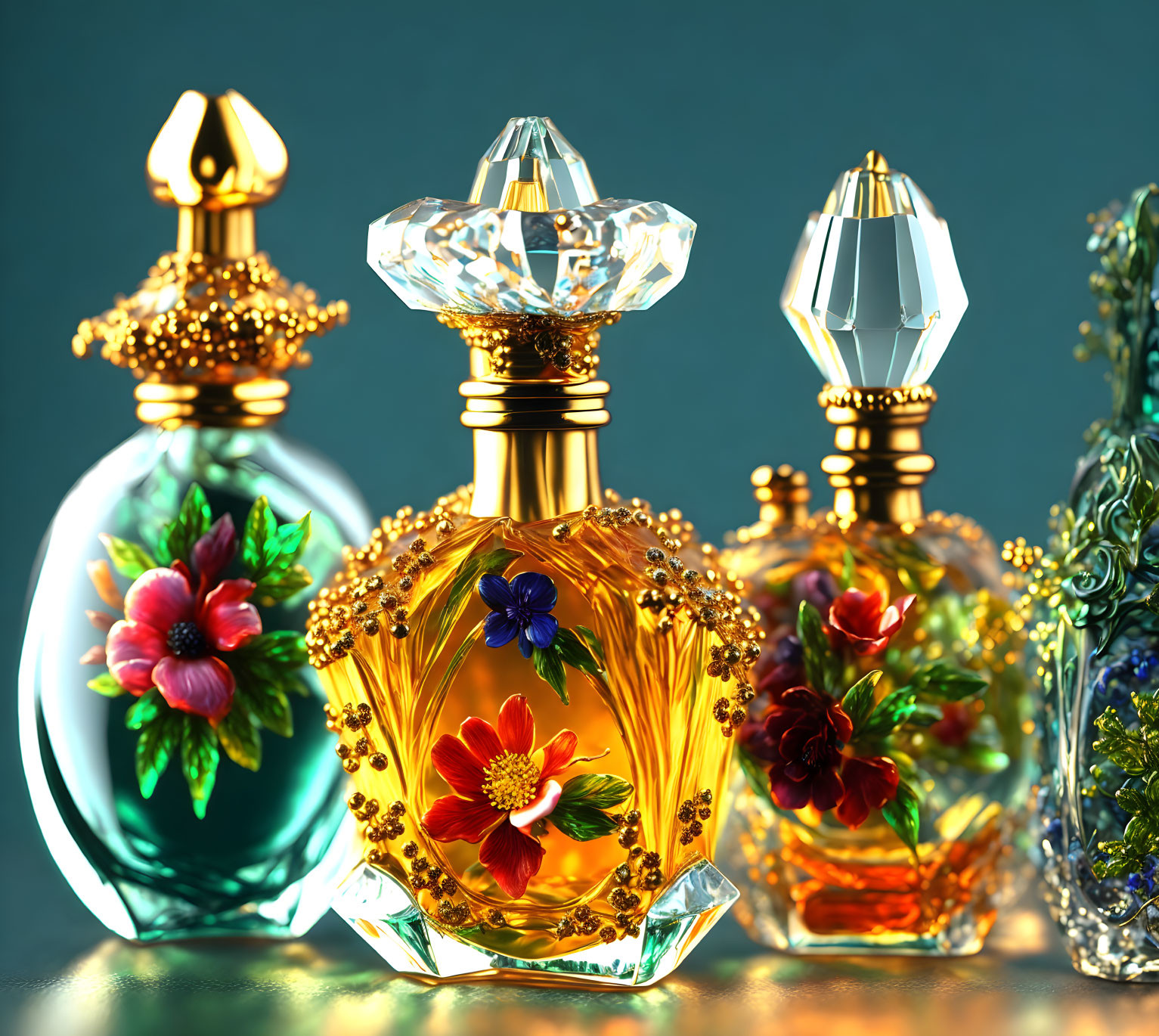 Colorful Floral Patterned Ornate Perfume Bottles on Reflective Surface