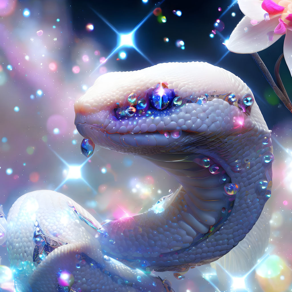 Colorful digital artwork: Snake with glistening scales, water droplets, lights, and flower