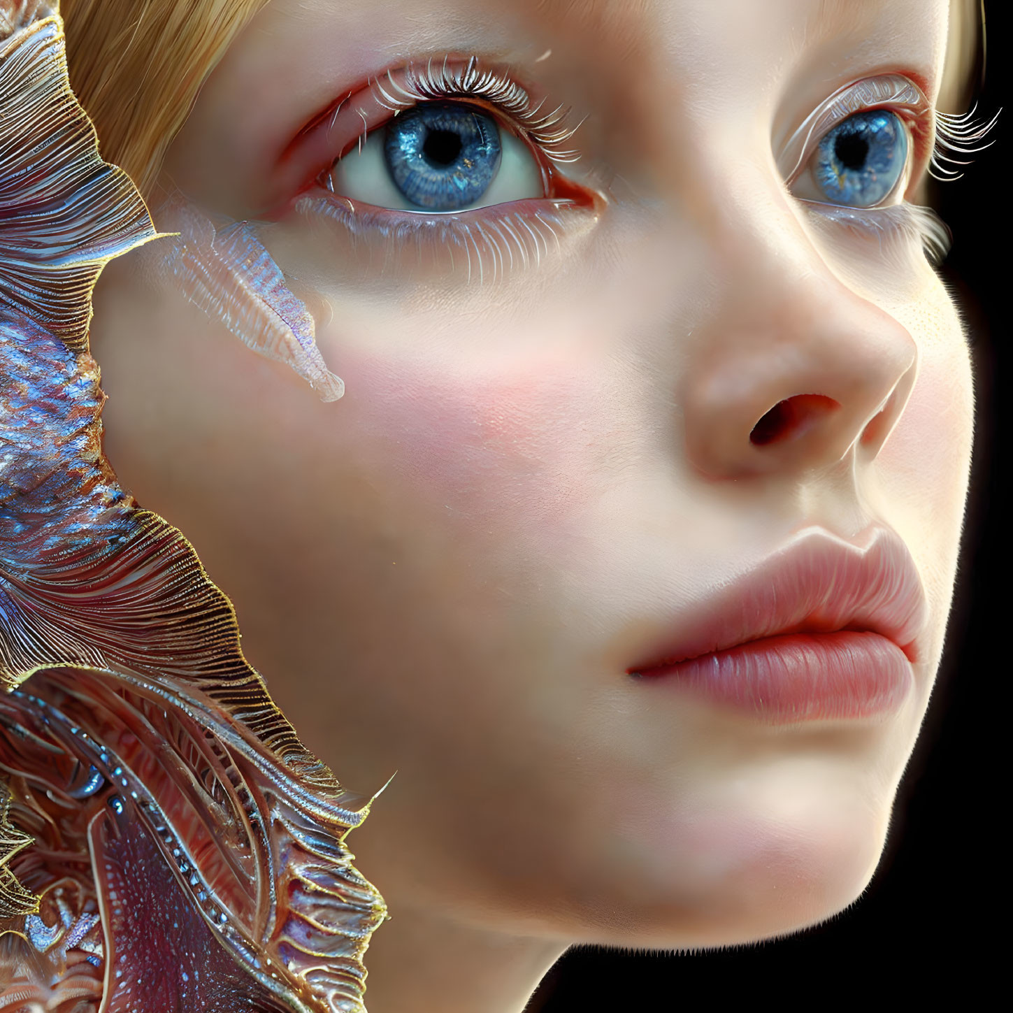 Hyper-realistic digital artwork: Girl with blue eyes and golden patterns on black background