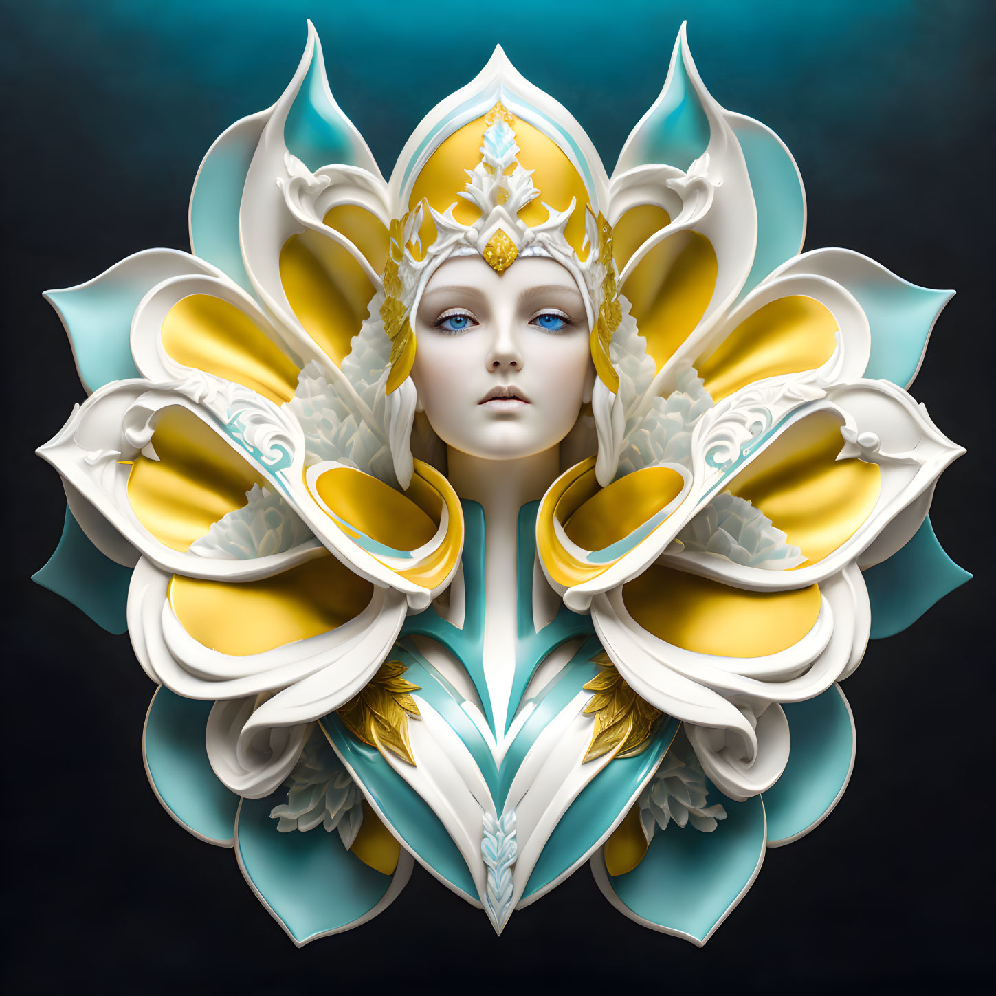 Symmetrical floral design with serene face and blue eyes