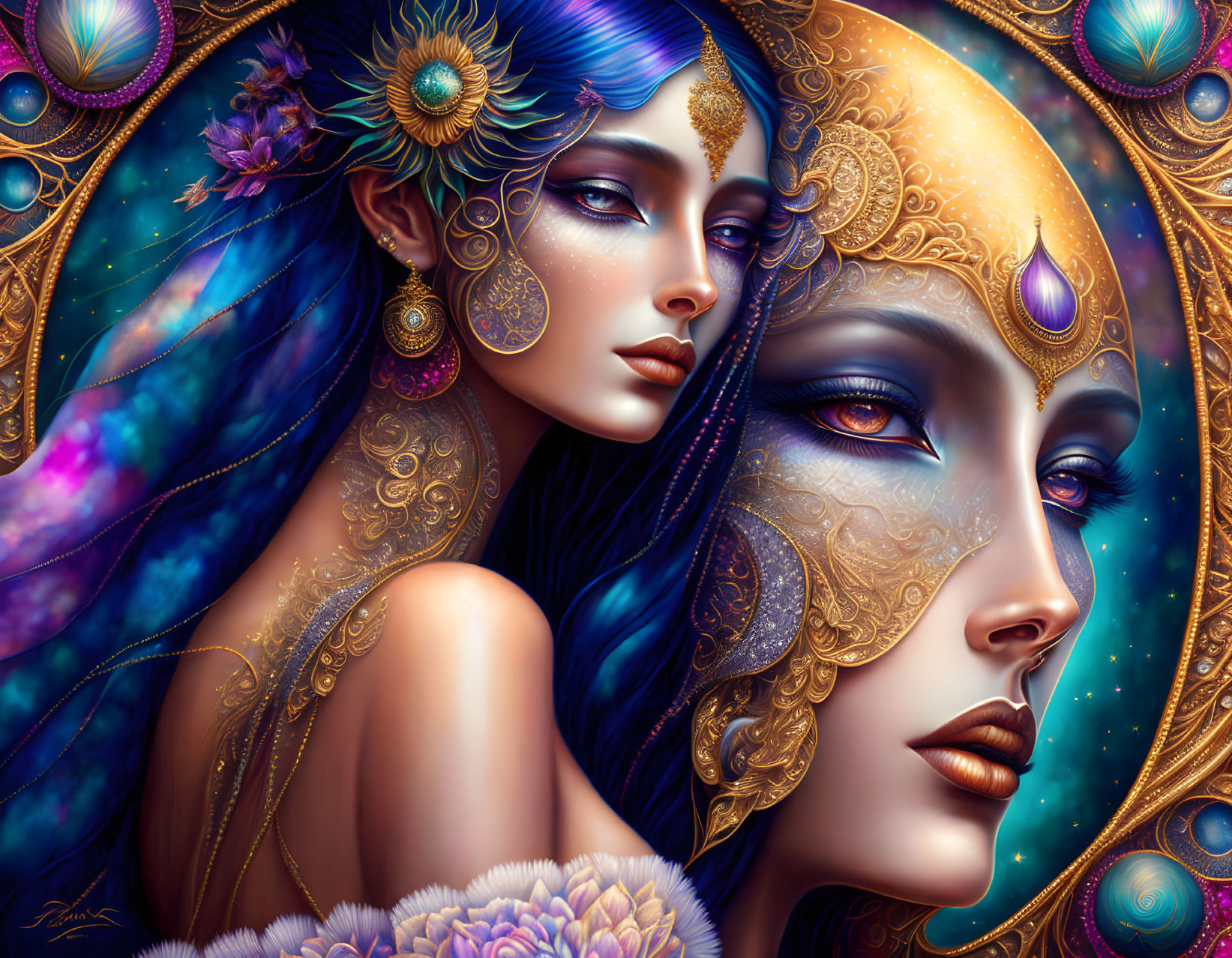 Detailed digital artwork: Woman with blue skin, golden jewelry, and celestial motif