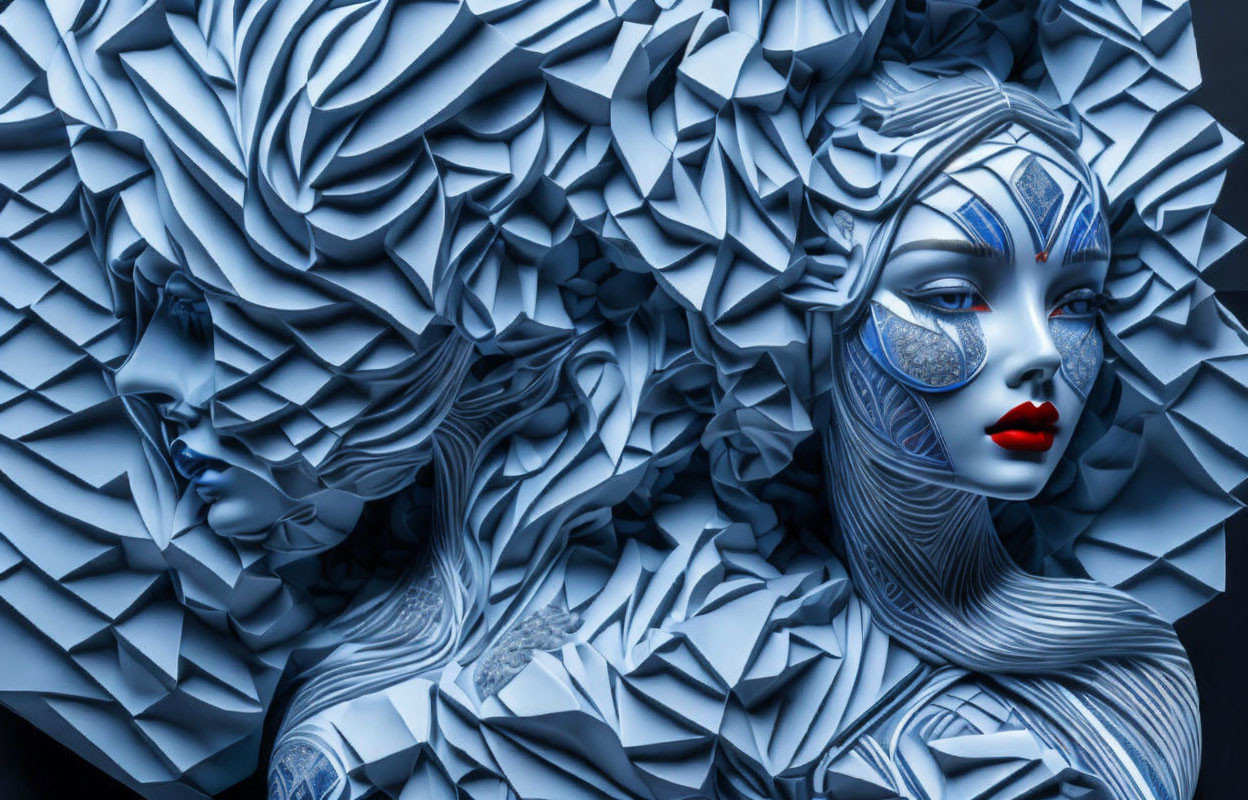 Blue-toned female figure with intricate textures and patterns against folded geometric shapes