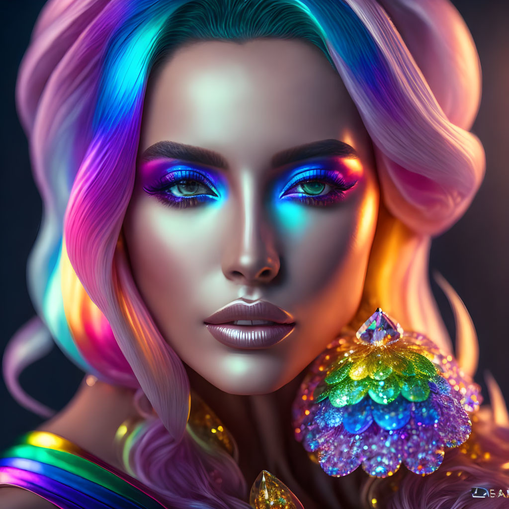 Colorful woman portrait with iridescent makeup and multicolored hair.