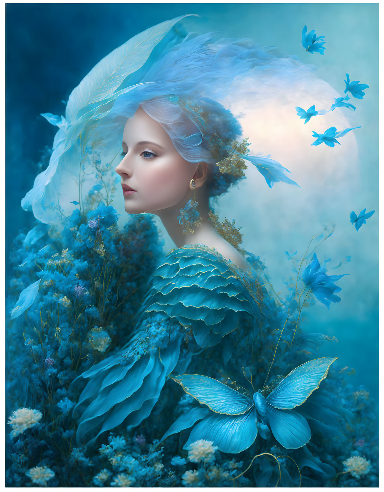 Woman in Blue Petal and Feather Attire Surrounded by Butterflies