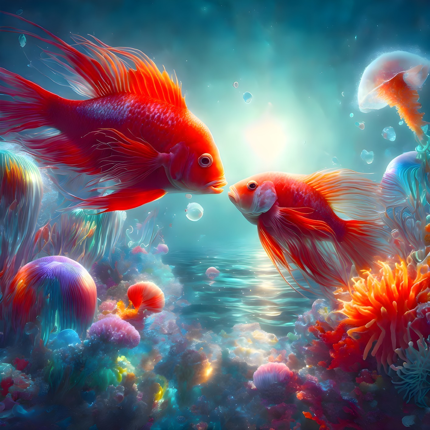 Colorful fish with flowing fins in vibrant underwater seascape.