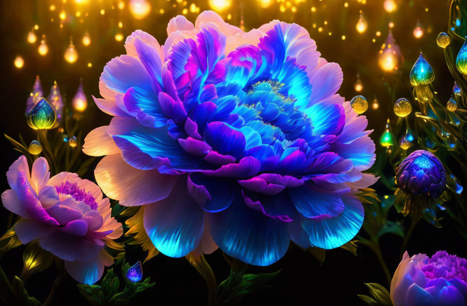 Blue and Purple Illuminated Peony Flowers in Golden Light